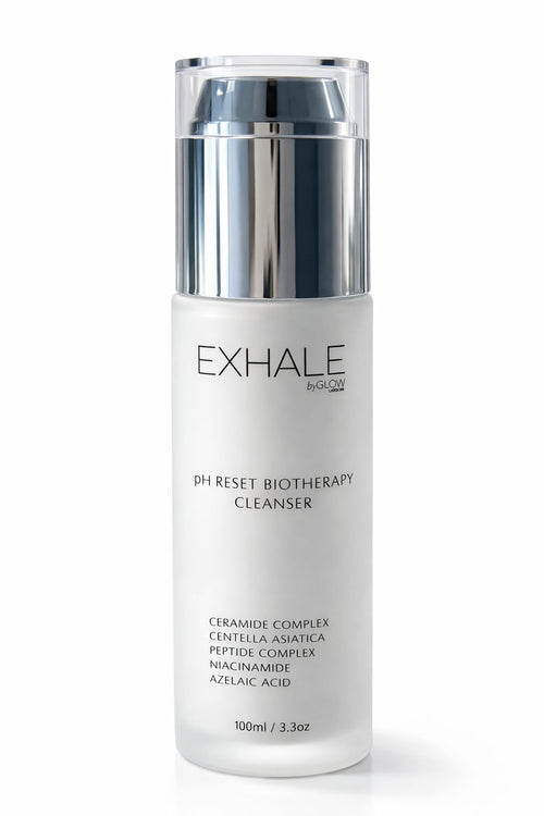 A 100ml bottle of EXHALE by GILSOHN pH Reset Biotherapy Cleanser, featuring a frosted white bottle, a metallic silver pump collar, and a clear cap, set against a plain white background.